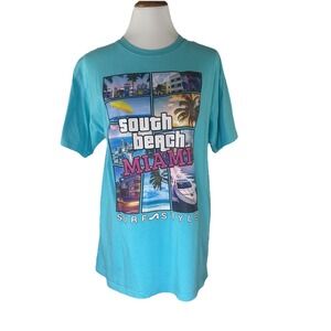 Surf Style South Beach Miami Short Sleeve Retro Graphic Blue Tshirt Womens L